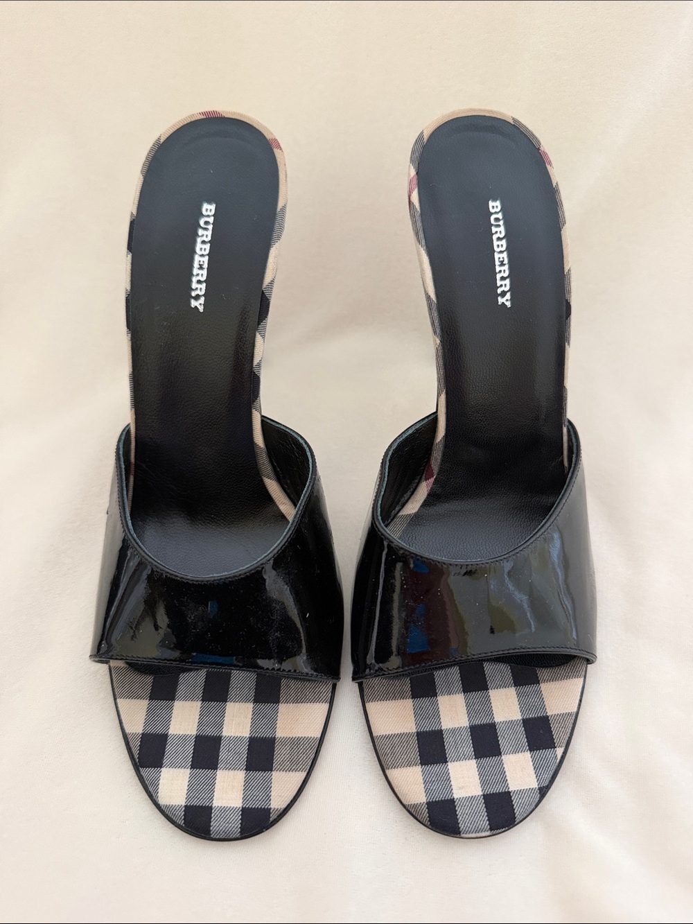 Burberry Black Patent Slide Mules